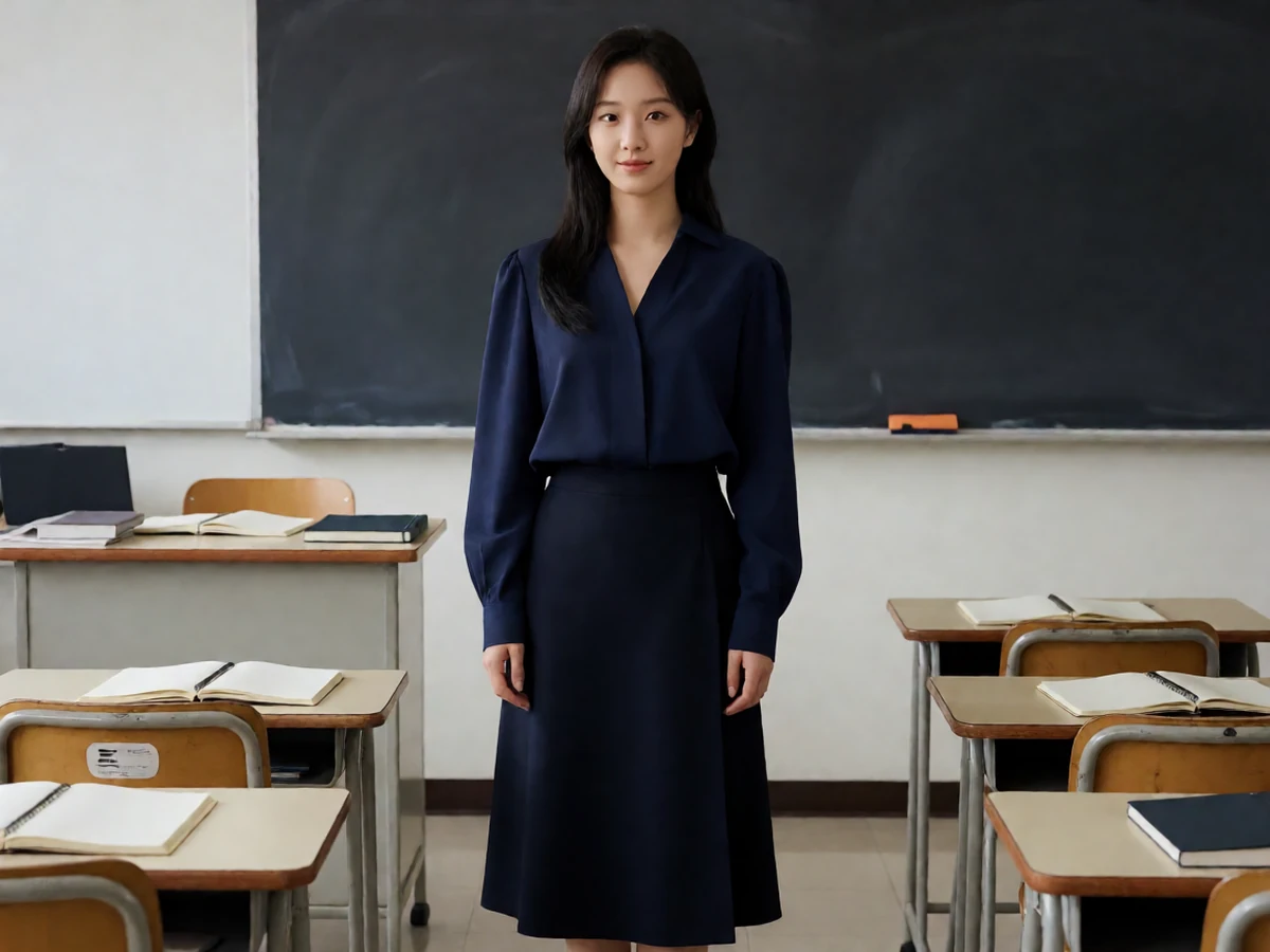 日本熟女7MDYD-071女教师主题图,成年女性穿深蓝上衣站在空教室讲台旁