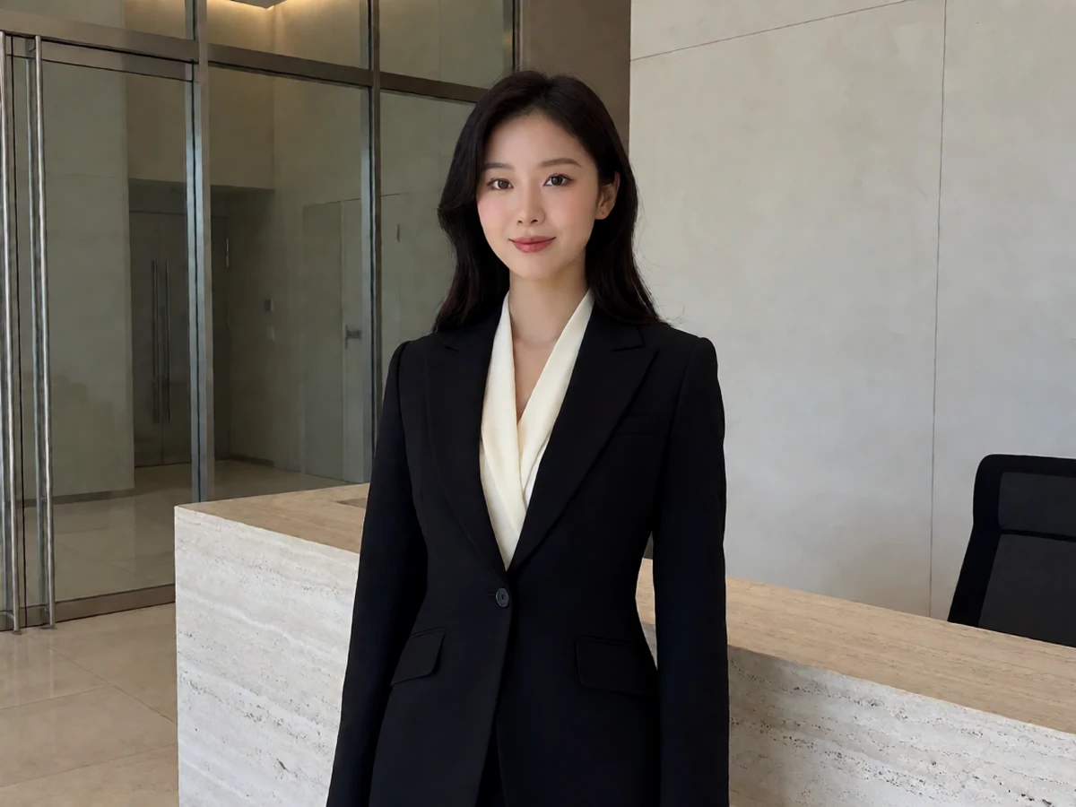 日本熟女JUL-067社长夫人主题图,成年女性穿黑色西装站在公司大堂