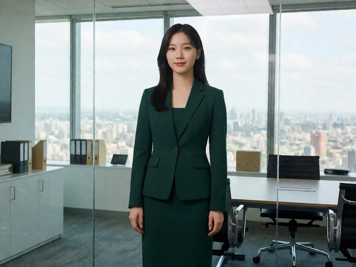 日本熟女JUL-478公司主题图,成年女性穿墨绿套装站在玻璃会议室