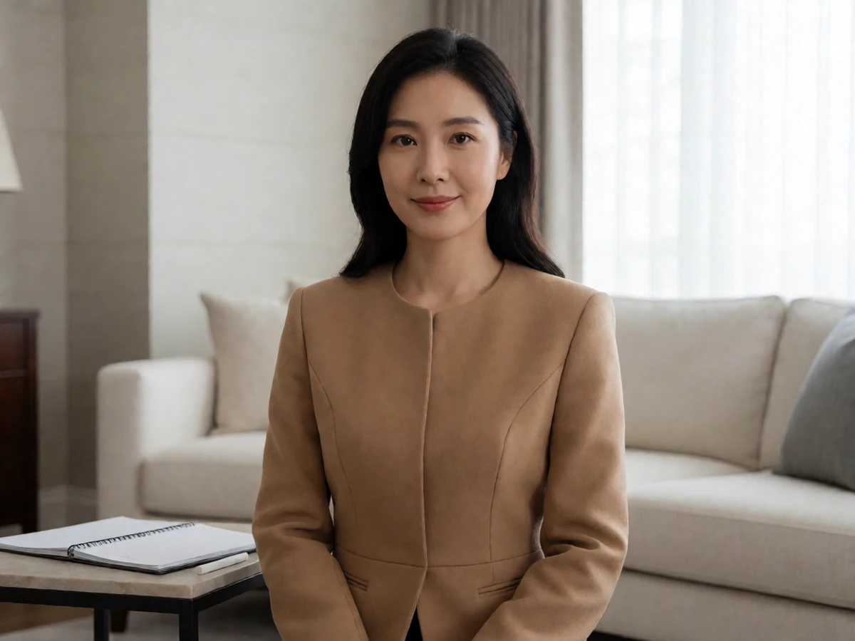 日本熟女风间由美角色对照主题图,成年女性穿驼色外套坐在客厅笔记本旁