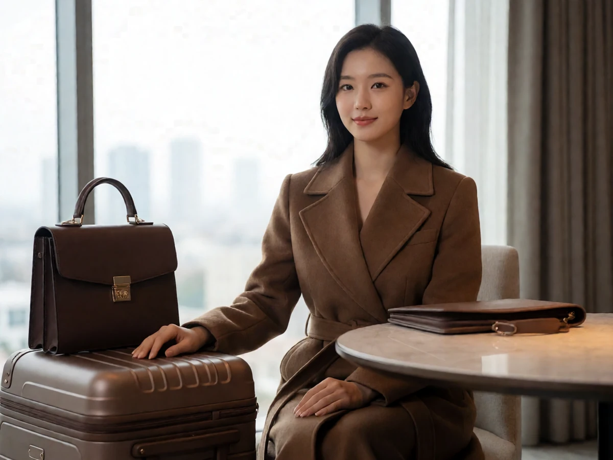日本熟女友田真希题材主题图,成年女性穿棕色大衣坐在放着行李和公文包的桌旁
