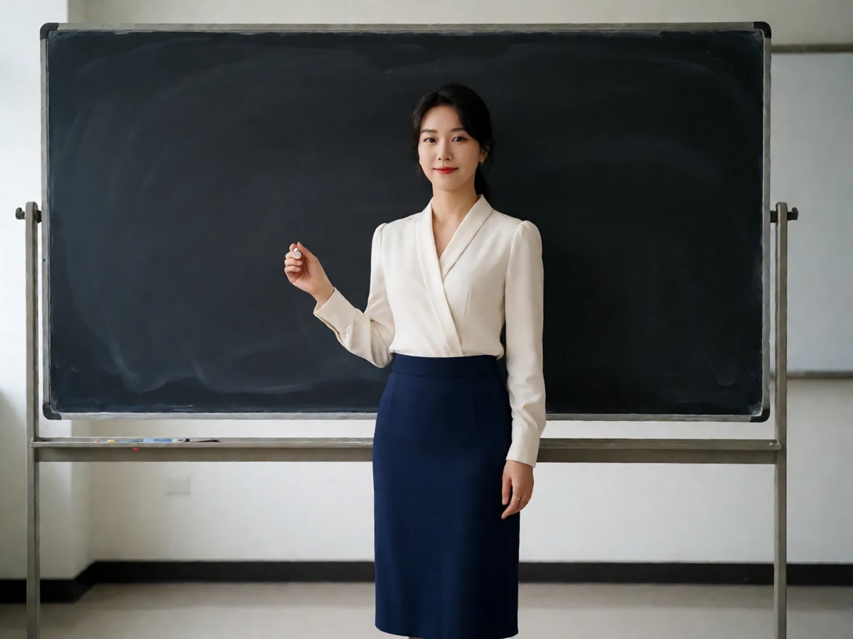 日本熟女人教师主题图,成年女性穿白衬衫与蓝色长裙站在成人教室黑板前