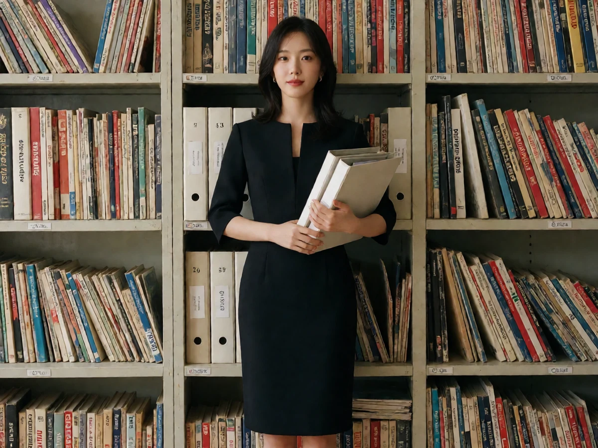 日本熟女番号主题图,成年女性穿黑色连衣裙站在资料书架旁翻看目录册