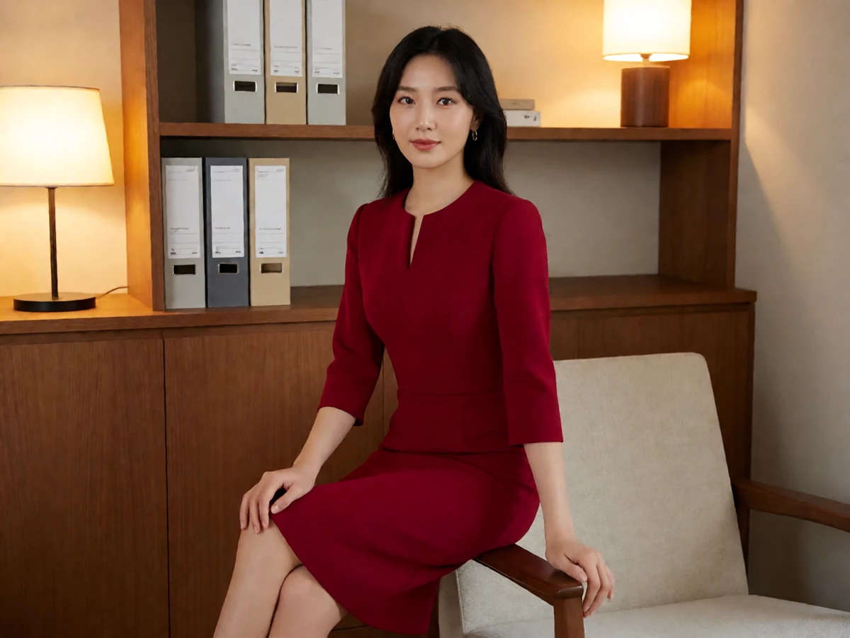 日本熟女主题图,成年东亚女性穿深红连衣裙坐在木质室内沙发旁